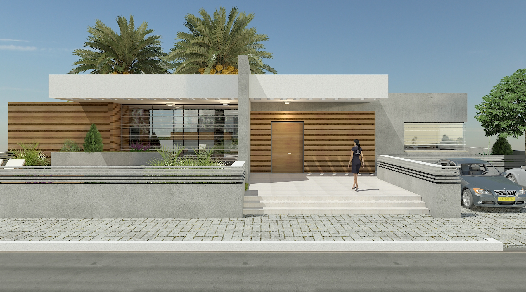 מבט הדמיה חזיתי לכיוון הכניסה - אלטרנטיבה עם חיפוי עץ סידר