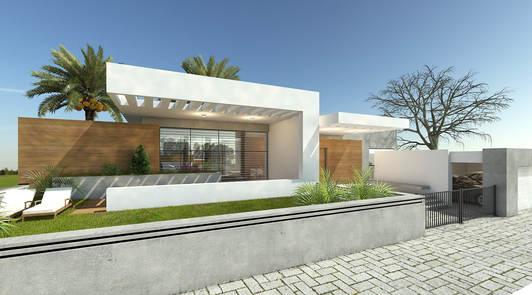 מבט הדמיה אלכסוני לכיוון חזית הראשית - אלטרנטיבה עם חיפוי עץ סידר ומסגרת טיח לבן