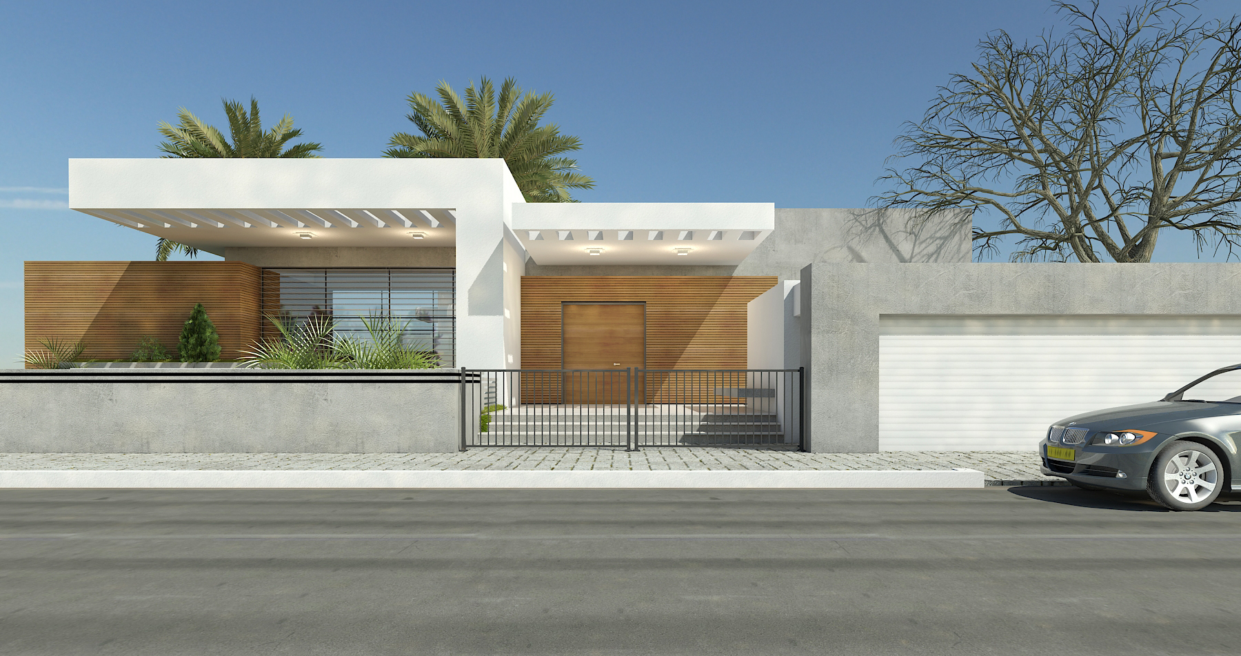 מבט הדמיה חזיתי לכיוון הכניסה - אלטרנטיבה עם חיפוי עץ סידר ומסגרת טיח לבן