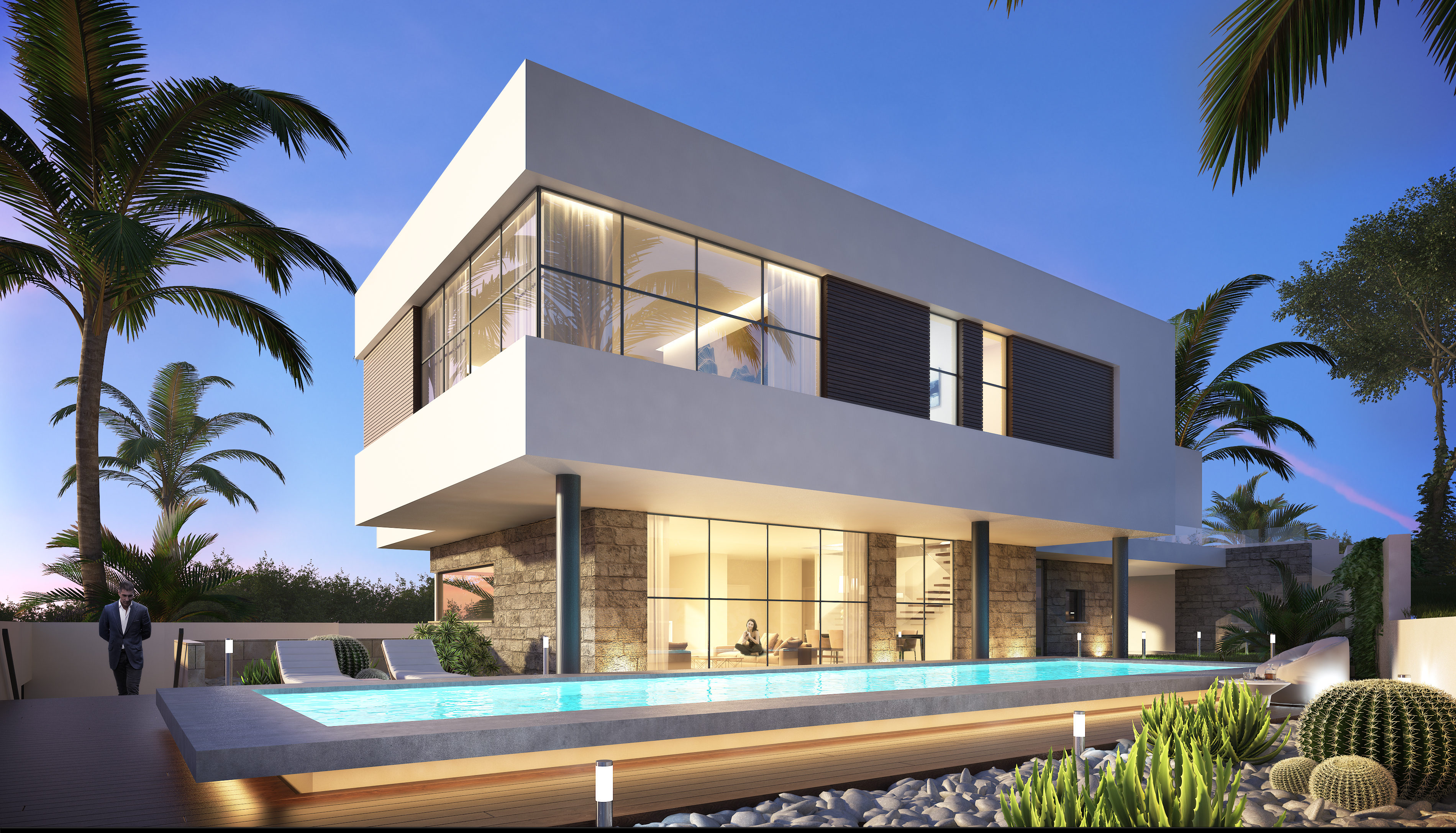 הקומה העליונה נסוגה, נשענת על עמודים ויוצרת קירוי מעל היציאה לבריכה ומקום ישיבה מוצל