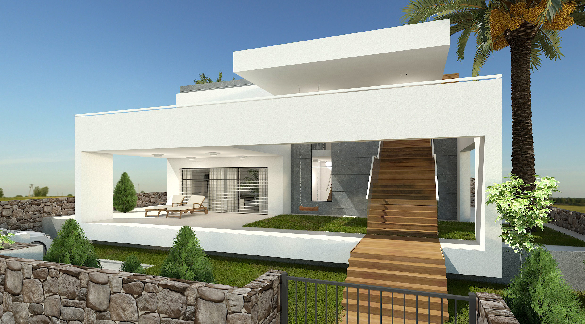 מבט הדמיה זויתי לכיוון מדרגות הכניסה. כמוטיב מרכזי.