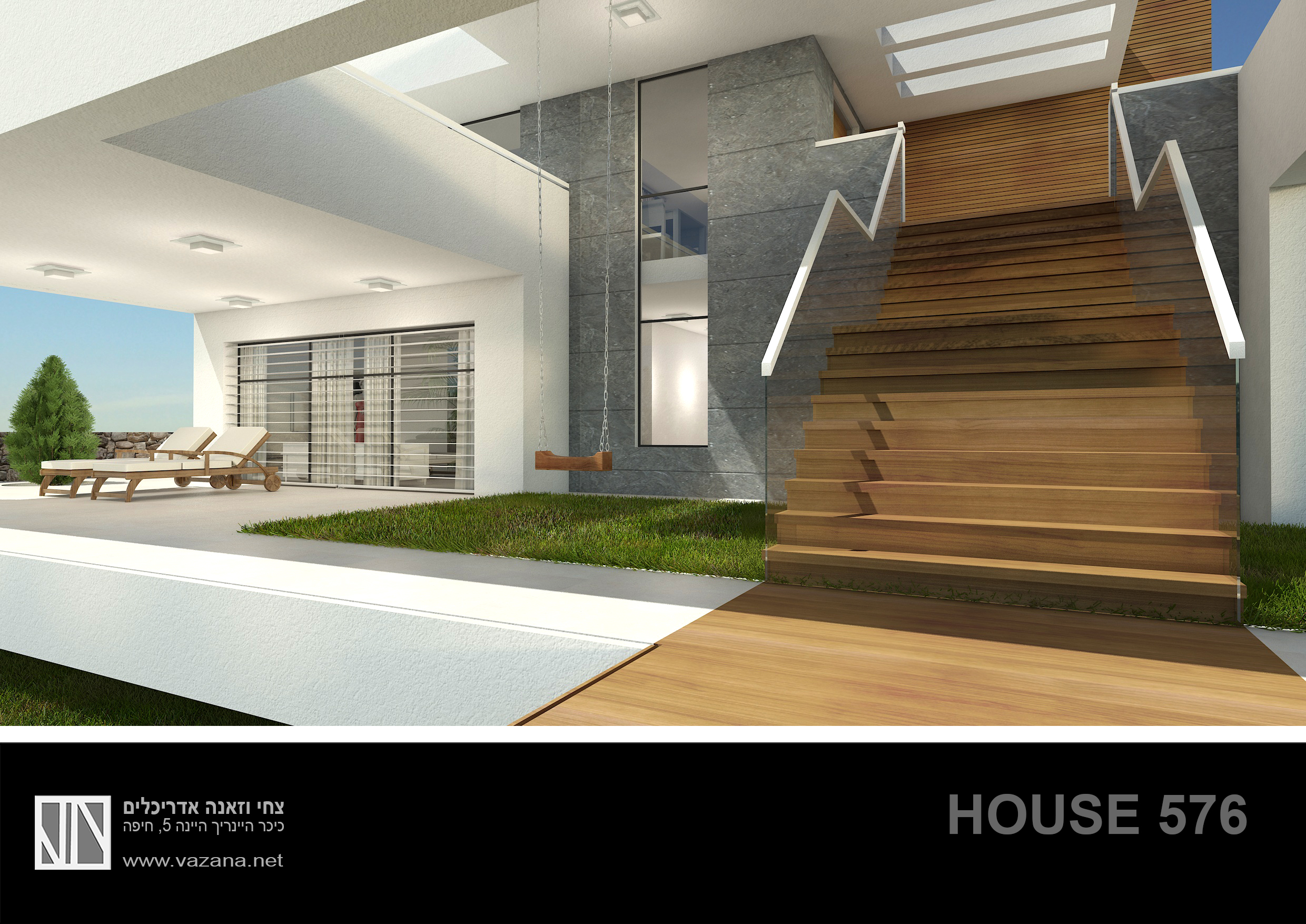 מבט הדמיה לכיוון מדרגות וחלל הכניסה. כמוטיב מרכזי.